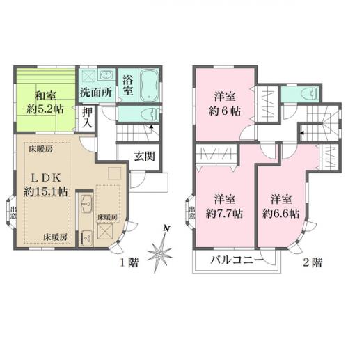 LDK約15.1帖。水回りや階段など随所に窓があり、陽当り・通風良好。