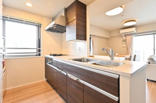 LDを見渡せるオープンキッチン。食器洗い乾燥機付です。