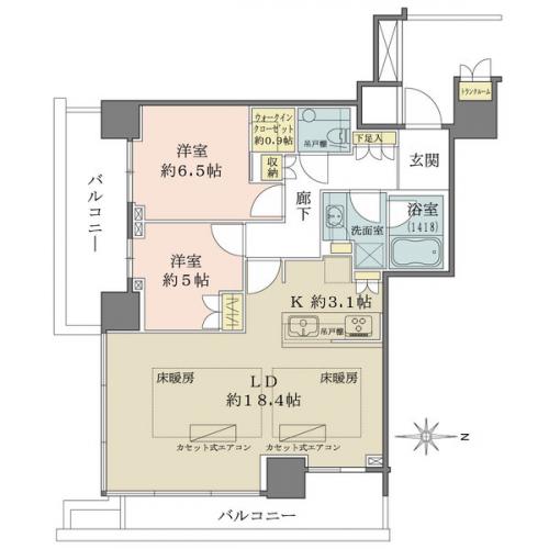 南・東向きの角住戸。リビングの広さにゆとりのある2LDK