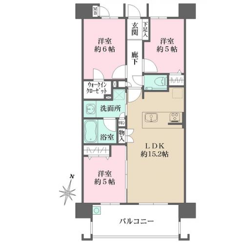 5階部分、南向きの3LDK＋WICの間取りです。LDには床暖房がございます。