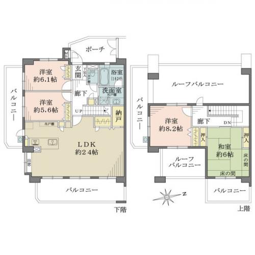 最上階、メゾネットタイプの東南角住戸