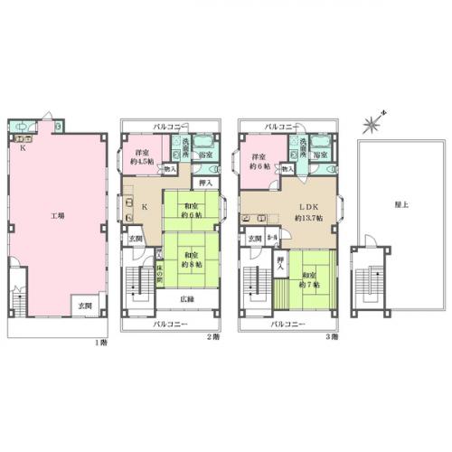 南・北の両面バルコニーの他に屋上あり