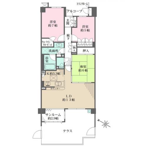 80m2超のゆとりある間取り　サンルームでは観葉植物やご趣味を楽しんで頂けます。