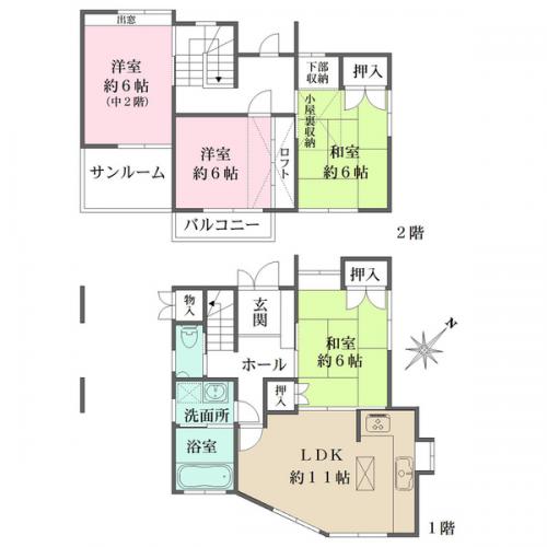 2階の洋室6帖にはロフト有。小屋裏収納有。LDK部分には床下収納有。