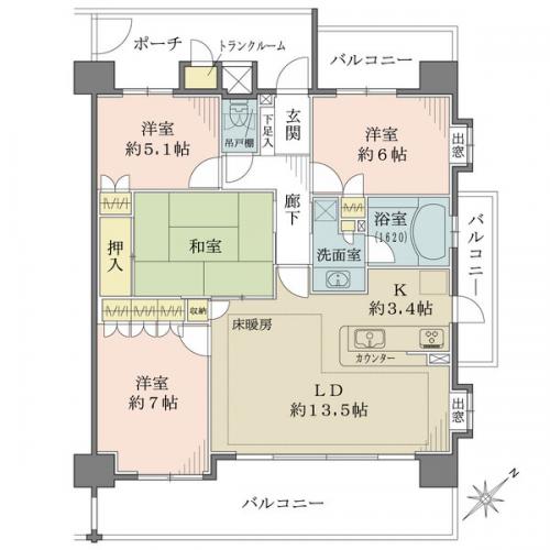 4LDK、南東角住戸、3面バルコ二ー、室内丁寧にご使用されております。