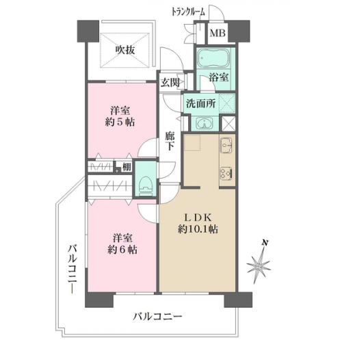 南・西方向に面したL字型バルコニーのため、陽当たり、通風ともに良好