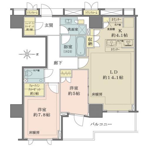LD・洋室（7.8帖）に床暖房、トランクルーム2カ所付設
