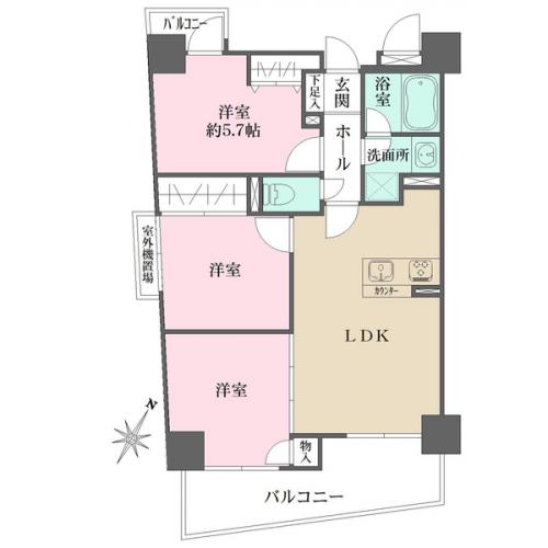 南向きの３LDK。全居室に開口部のある風通しの良い間取りです。