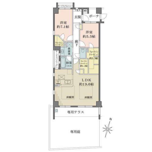 ウォークインクロゼット2カ所あり（3.3帖・1.2帖）
