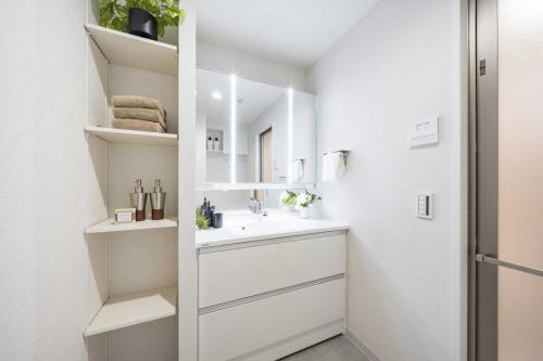 洗面室：三面鏡付独立洗面化粧台