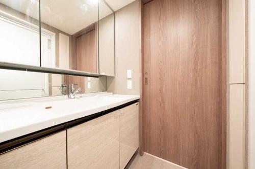 洗面所：三面鏡裏収納付き洗面化粧台