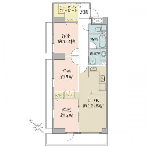 南西向き　角住戸　３ＬＤＫ＋ＳＩＣ　　専有面積７２．１３平米