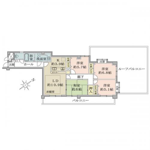 ４ＬＤＫ、専有面積９１．５５平米、ファミリータイプの間取りです。