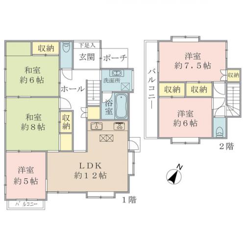 間取り。５ＬＤＫ。各居室、鍵付きのため、収益物件としてもご利用くださいませ。