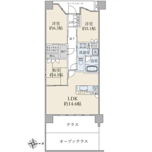 ３ＬＤＫ＋ＷＩＣ＋Ｓ｜６８．４５平米｜東向き｜テラス・オープンテラス付
