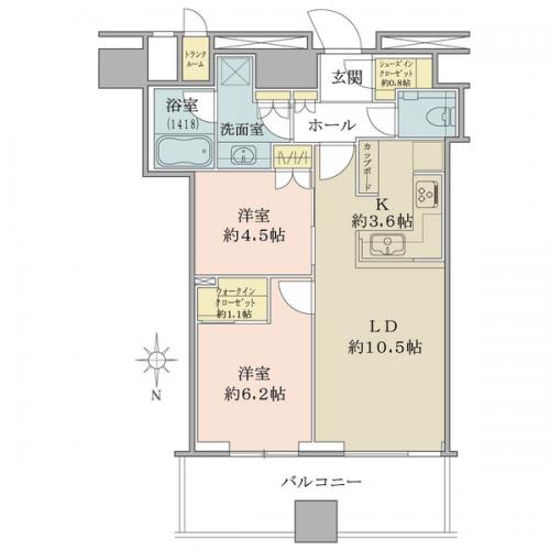 ２ＬＤＫ、専有面積５８．８５平米、バルコニー面積１１．２５平米