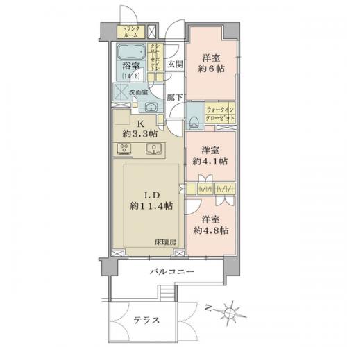 【間取り図】西向き／６８．１５平米／３ＬＤＫ／全居室に収納あり