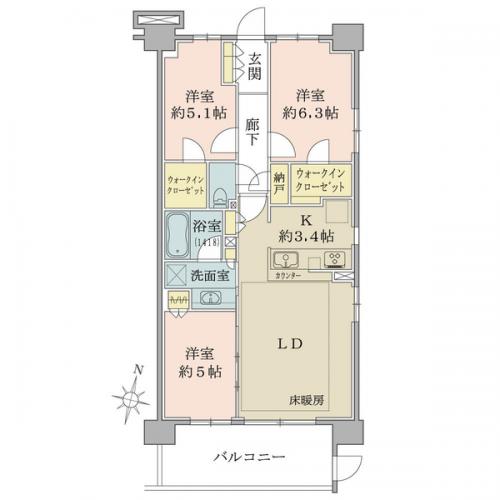 【間取図】５階部分／角住戸／３ＬＤＫ＋２ＷＩＣ＋Ｎ／南面バルコニー／通風良好