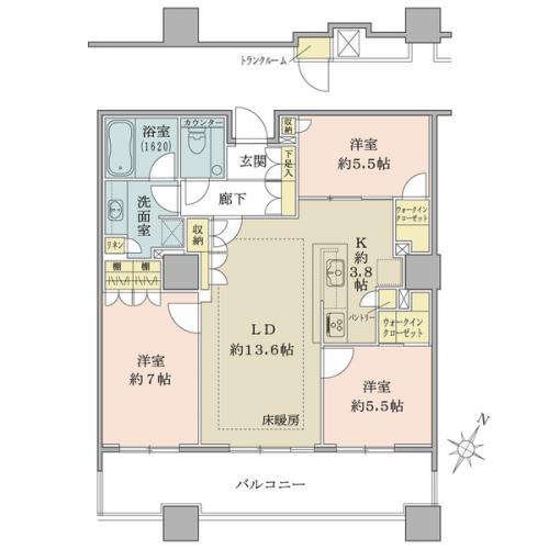 【間取図】南東向き（有明テニスの森公園方面）／８３．３１平米／３ＬＤＫ＋２ＷＩＣ