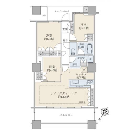 ３ＬＤＫ、専有面積７５．５８平米、３３階建３２階部分、北西向き（都心方面）