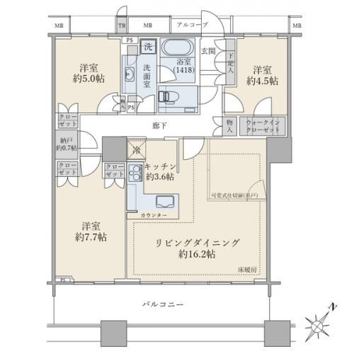 ３ＬＤＫ、専有面積８７．２５平米、バルコニー面積１４．４４平米