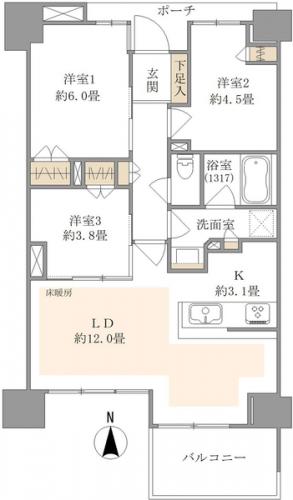 間取り図（３ＬＤＫ、南向き、６４．２６平米のお部屋です）