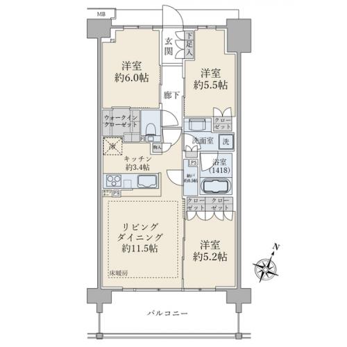 リビングダイニング、各洋室の天井高は２．５ｍです。