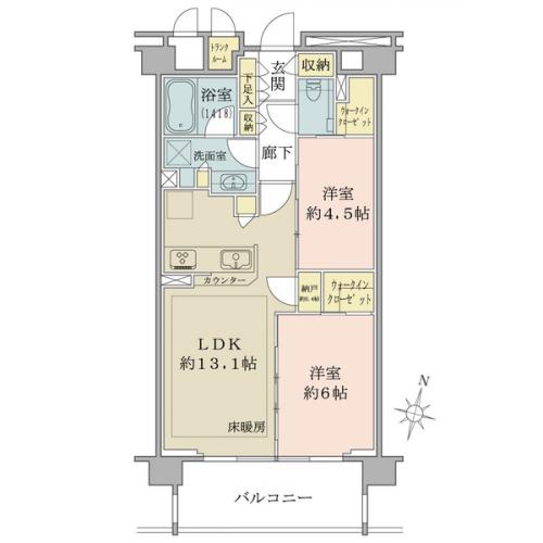 【間取り図】最上階×南東向き住戸×専有面積５６．１９平米の２ＬＤＫ＋２ＷＩＣ
