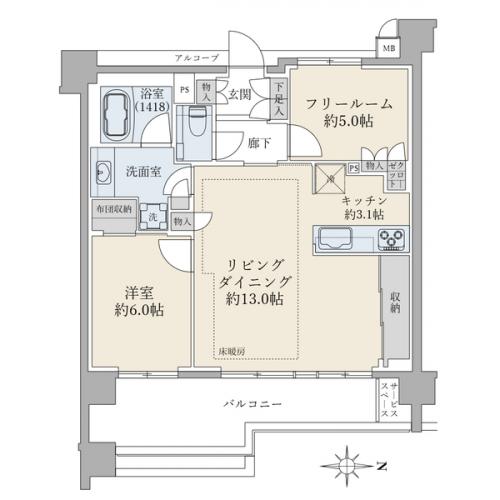 【間取図】１ＬＤＫ＋Ｆ（Ｆは約５．０帖、クロゼット・物入あり）
