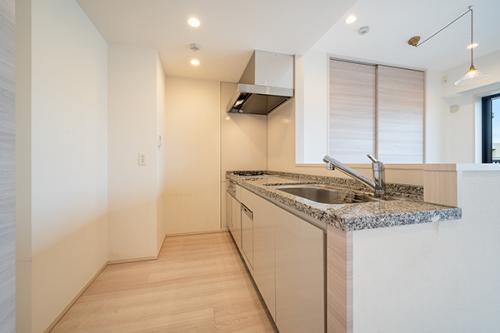 【キッチン】食洗機・ディスポーザー・浄水器一体型水栓付の対面式システムキッチン。