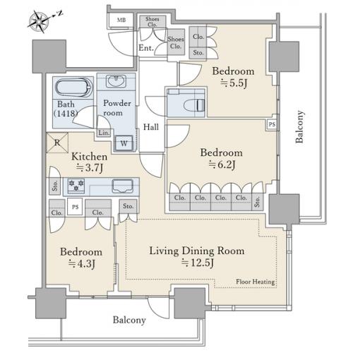 【間取図】１５階部分／南東・北東向き角住戸／東京タワー方面を望める３ＬＤＫ
