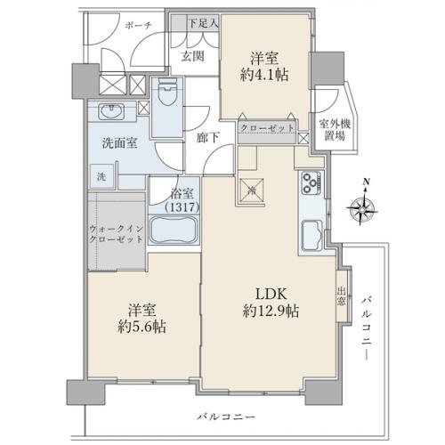 専有面積：５５．０６平米（約１６．６５坪）／２ＬＤＫ＋ＷＩＣタイプ