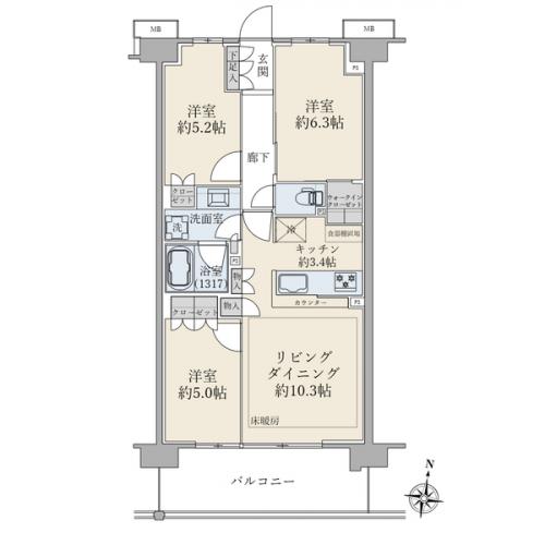 ６５．５２平米／３ＬＤＫ／南向き／９階住戸