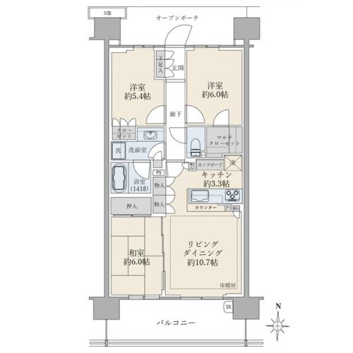 ３ＬＤＫ、専有面積７１．１９ｍ２、バルコニー面積１２．６ｍ２