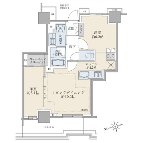 ２ＬＤＫ、専有面積５６．５４ｍ２、バルコニー面積８．７６ｍ２