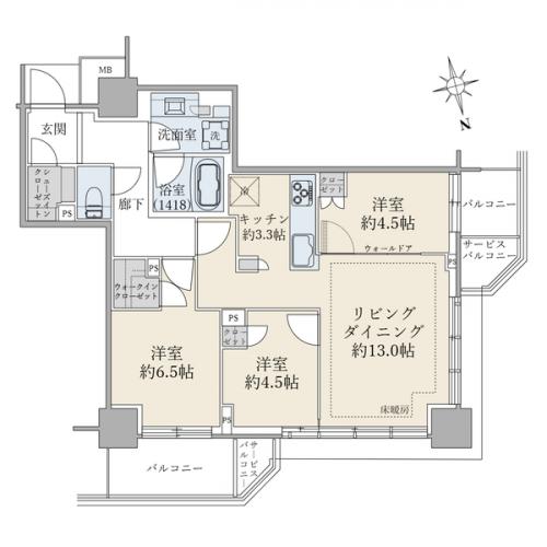 ３ＬＤＫ、専有面積７４．６８ｍ２、バルコニー面積１１．２１ｍ２