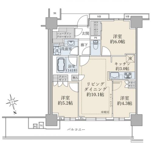 ３ＬＤＫ、専有面積６６．１ｍ２、バルコニー面積１５．６１ｍ２