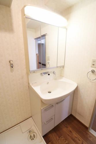 便利な三面鏡と豊富な収納をもつ洗面化粧台