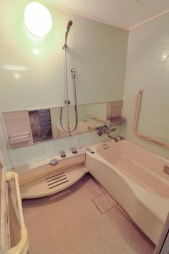 大きな鏡と手摺が設置されている浴室