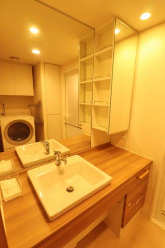 大きな一面鏡　奥行きのあるミラーキャビネットは収納力も豊富です