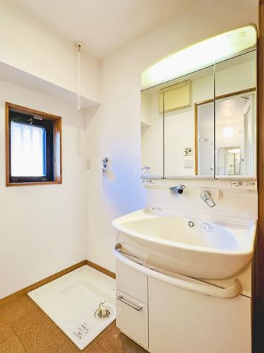 三面鏡付きの洗面化粧台で収納力あり。洗濯機置き場も隣接し、窓付きで換気良好。