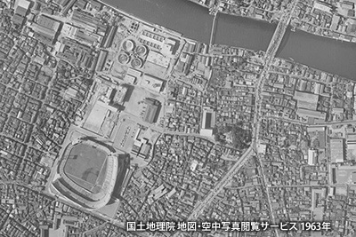 1963（昭和38）年撮影の「東京スタジアム」付近の空中写真