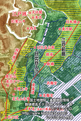 江戸初期の芝の地形と街道