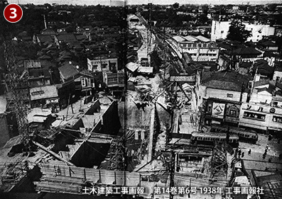 1938（昭和13）年撮影の「玉電ビル」の基礎工事の様子