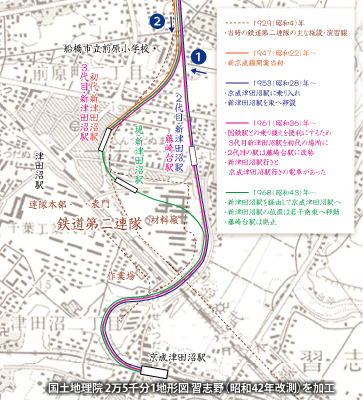 「新京成電鉄」の「新津田沼駅」の位置・路線の変遷